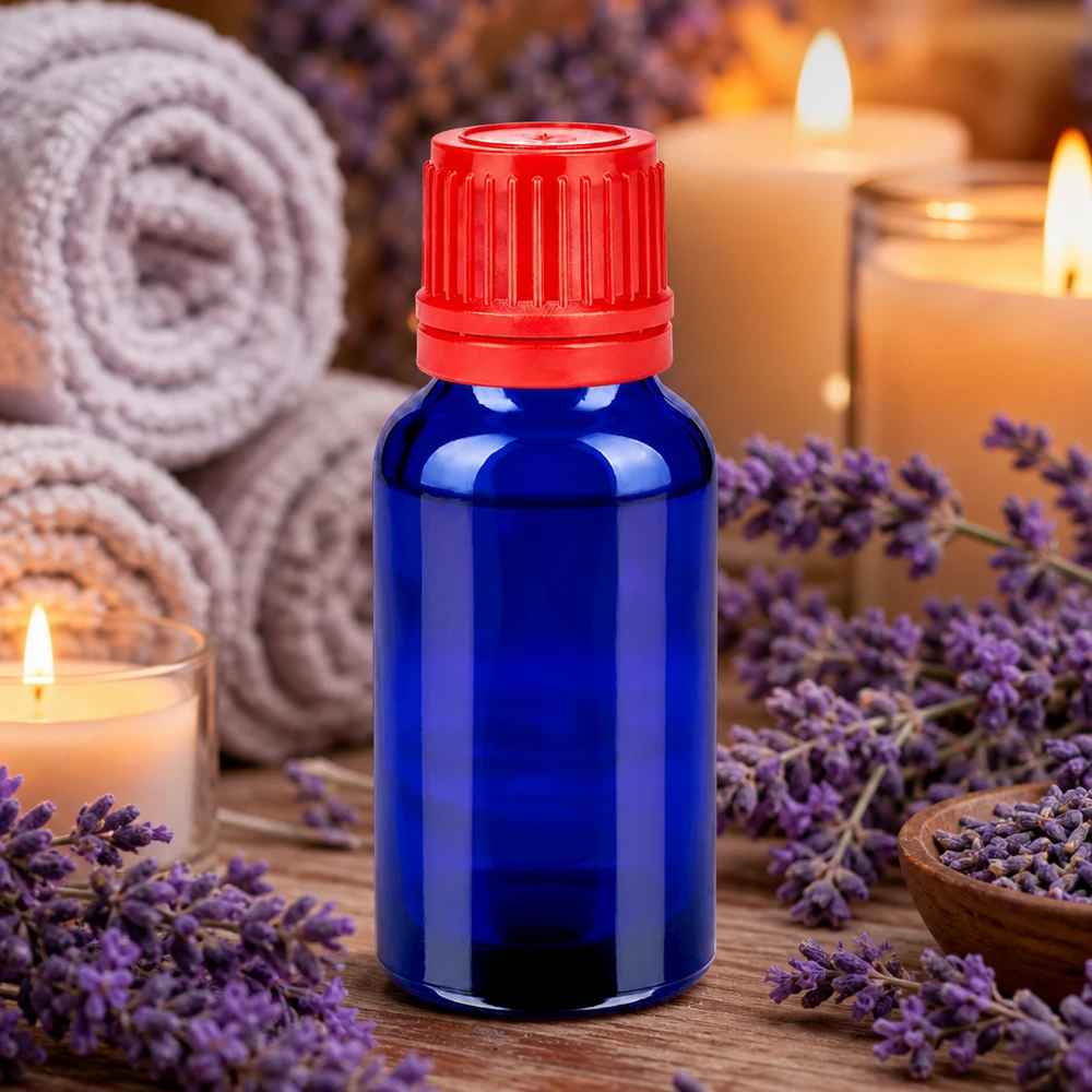Frasco 20ml 11mm tapón rosca rojo con precinto BlueLine UT18/20 Frasco de vidrio azul de 20 ml con tapón rojo para aromaterapia y bienestar
