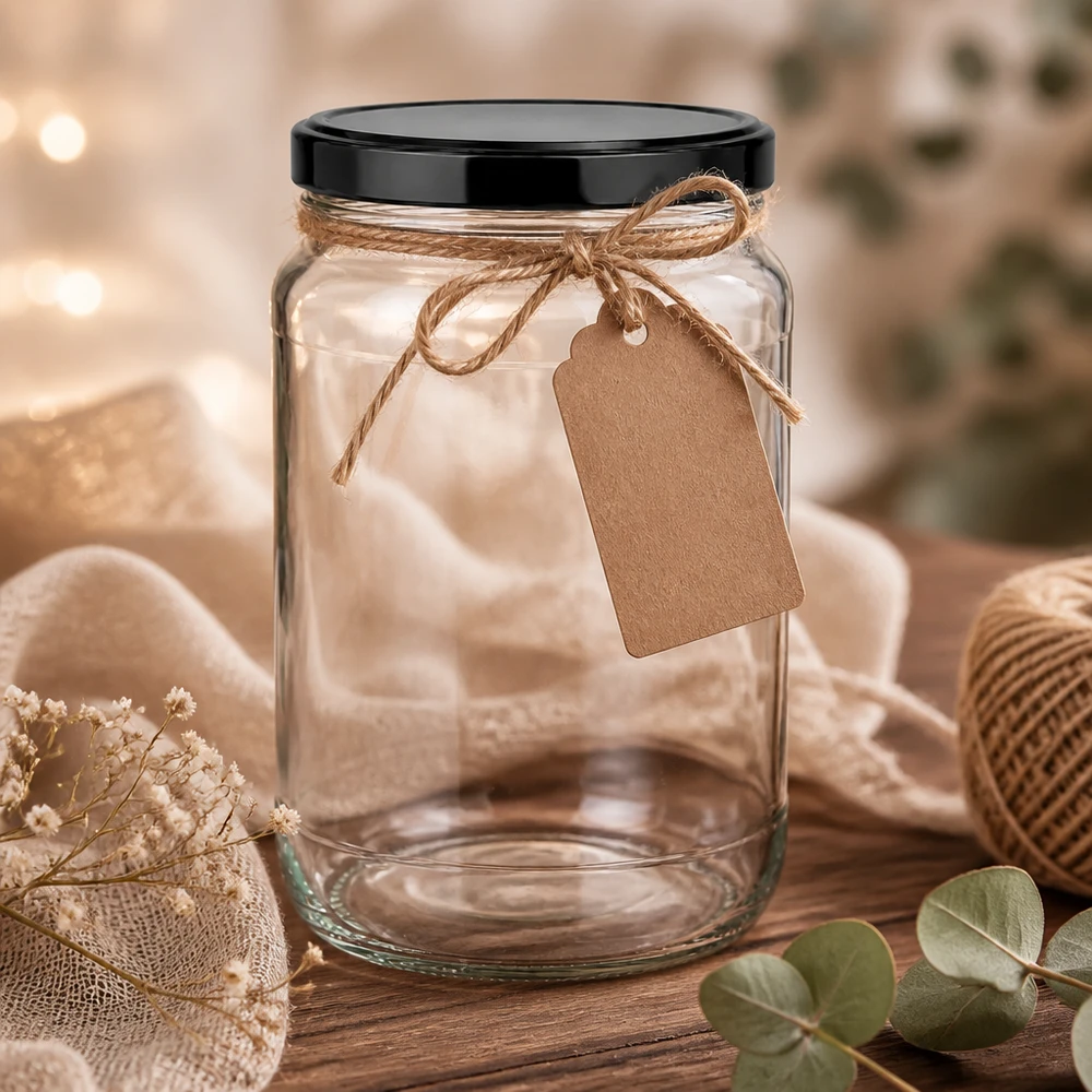Tarro redondo de 1700ml con tapa BasicSeal negra UNiTWIST Tarro redondo vacío de 1700ml tapa BasicSeal negra cordón de rafia etiqueta de papel kraft embalaje de regalo decoración