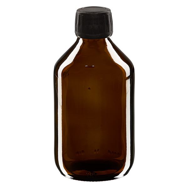 Frasco para medicamentos de 250 ml, marrón, tapón negro con anillo de seguridad ApoGlas Frasco para medicamentos de 250 ml, marrón, tapón negro con anillo de seguridad ApoGlas