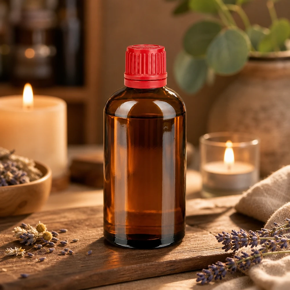 Frasco de vidrio BrownLine de 100 ml con protección UV y tapón rojo de seguridad para aromaterapia