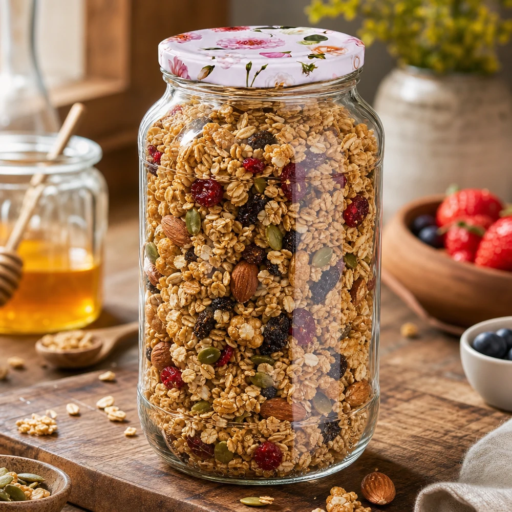 Tarro de almacenaje 1062ml lleno de muesli tapa flor rosa BasicSeal perfecto para comida seca Decoración de cocina