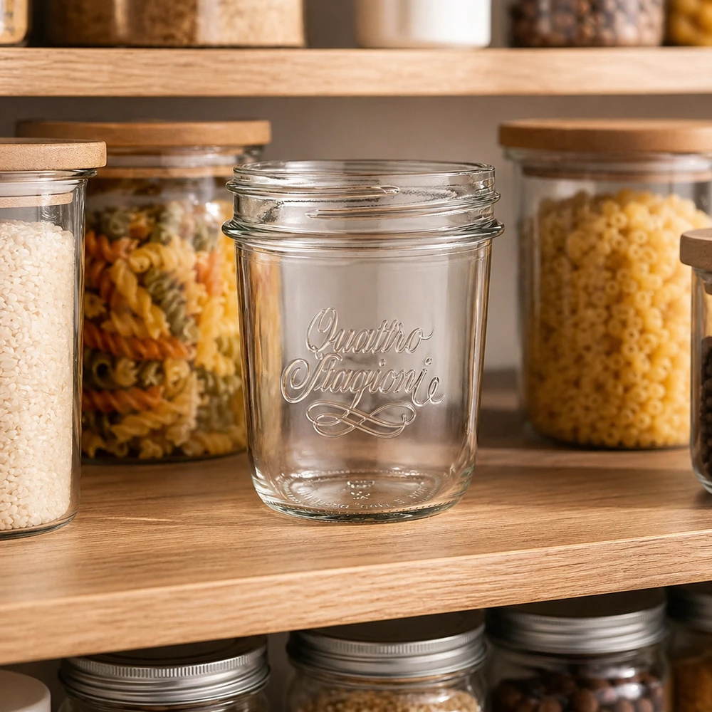 Vaso "Quattro Stagioni" 320ml QS86mm 320ml Quattro Stagioni Sturzglas mit elegantem Logo auf Holzregal zwischen gefüllten Vorratsgläsern für Küche und Pantry