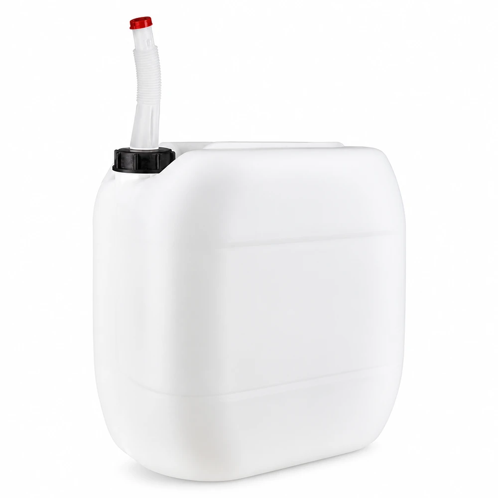 Bidón de plástico blanco de 30 litros con tubo de salida flexible y tapón rojo