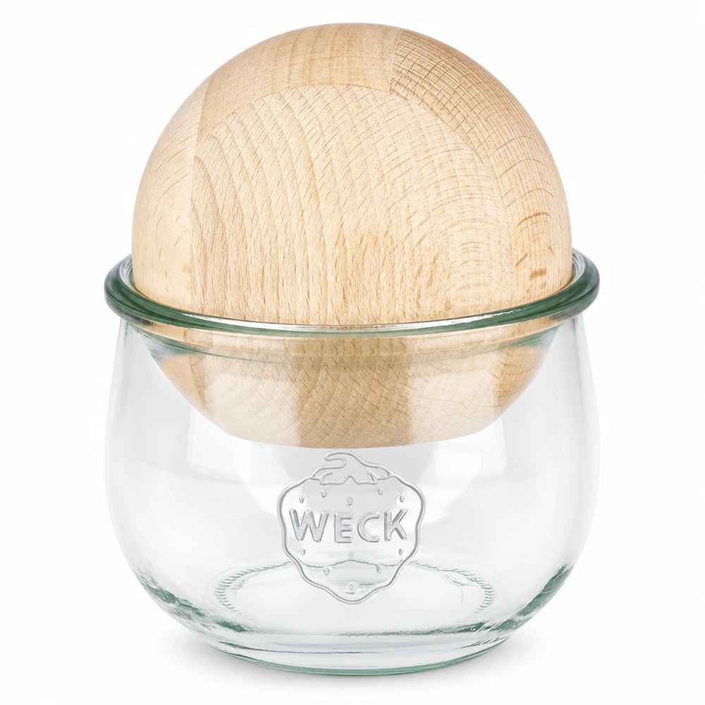 Vaso tulipa 580ml WECK RR100 con bola de madera haya WECK tarro tulipán 580ml RR100 con bola de madera como tapa, tarro de conserva con tapa de madera para cocina y almacenaje