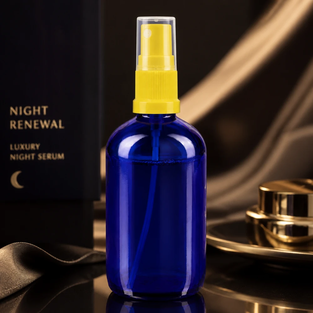 Frasco pulverizador de farmacia azul de 100 ml con dosificador amarillo, para sérums y productos cosméticos