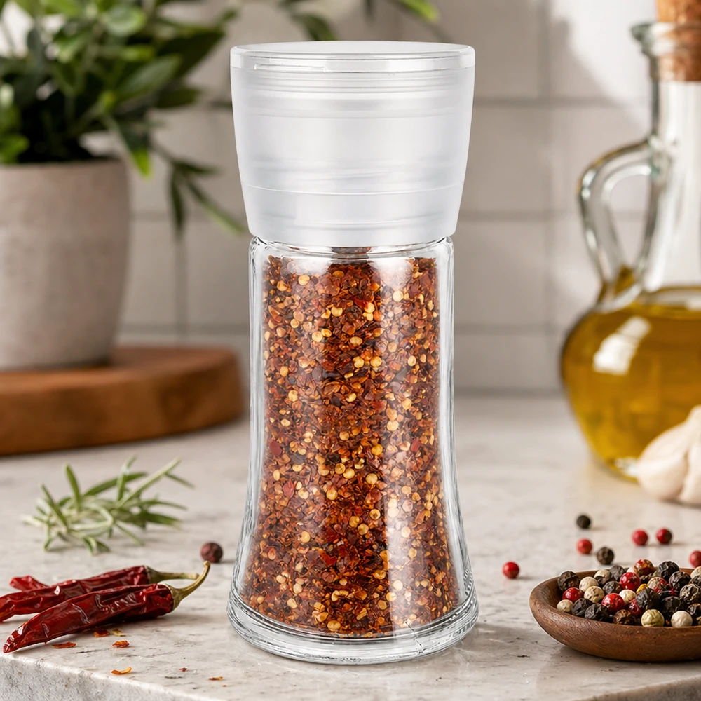Frasco para especias de 95 ml con molinillo blanco, lleno de copos de chile rojo, sobre una base de mármol