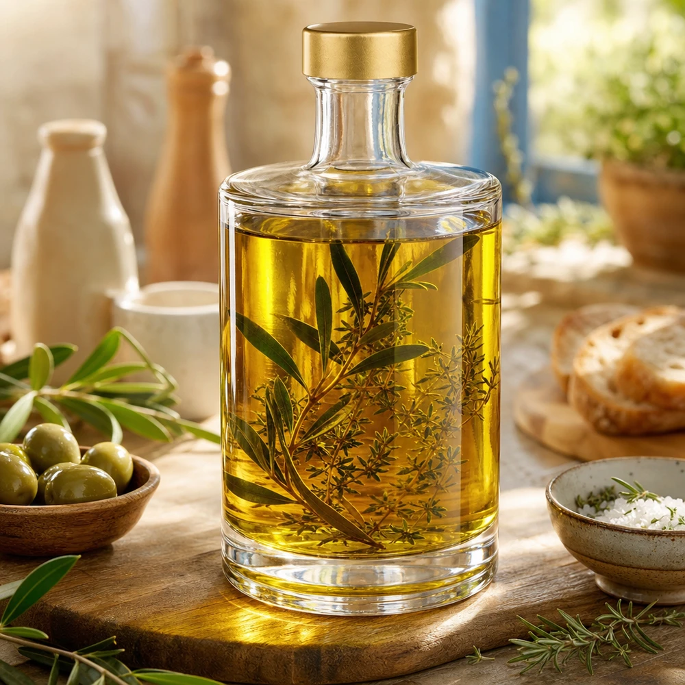 Botella de vidrio de 500 ml «Sam» + tapón de rosca dorado UNiTWIST® 500ml Glasflasche Sam mit Olivenöl und Kräutern befüllt goldener UNiTWIST Verschluss mediterrane Küche Oliven Salz