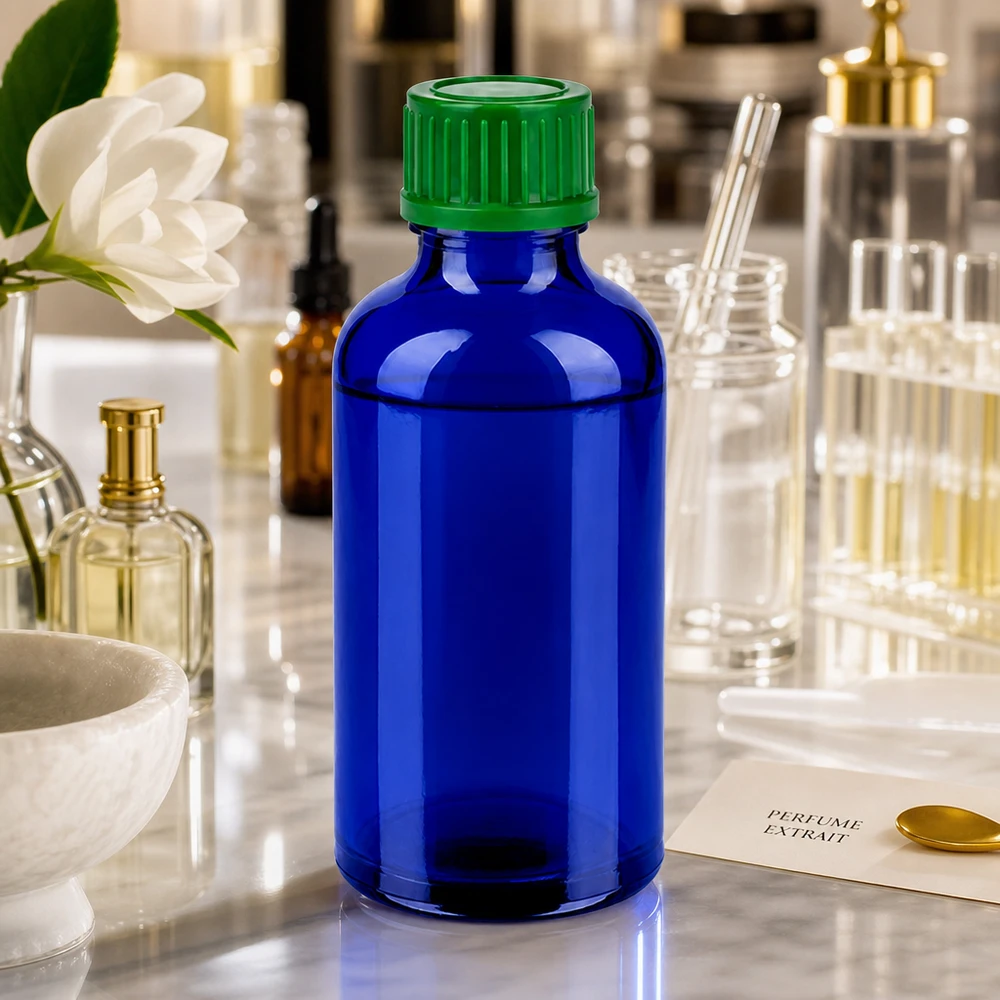 Frasco de vidrio azul de 50 ml con tapón de rosca de 11 mm para una dosificación precisa de esencias y tinturas