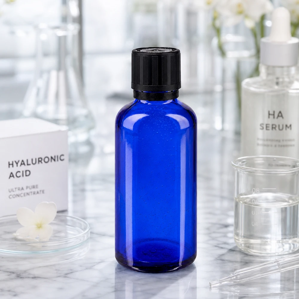 Botella de farmacia tapón cuentagotas 50ml azul anillo vertedor 1mm negro cierre de seguridad para niños símbolo de advertencia ciego cierre inviolable Frasco de farmacia azul de 50 ml con gotero, junto a productos de ácido hialurónico en un entorno de laboratorio
