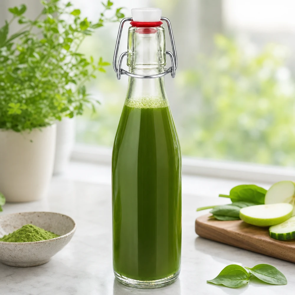 Botella de vidrio de 250ml + tapa oscilante de porcelana UNiTWIST 250ml Glasflasche mit Bügelverschluss gefüllt mit grünem Smoothie, dekoriert mit frischen Kräutern und Gemüse