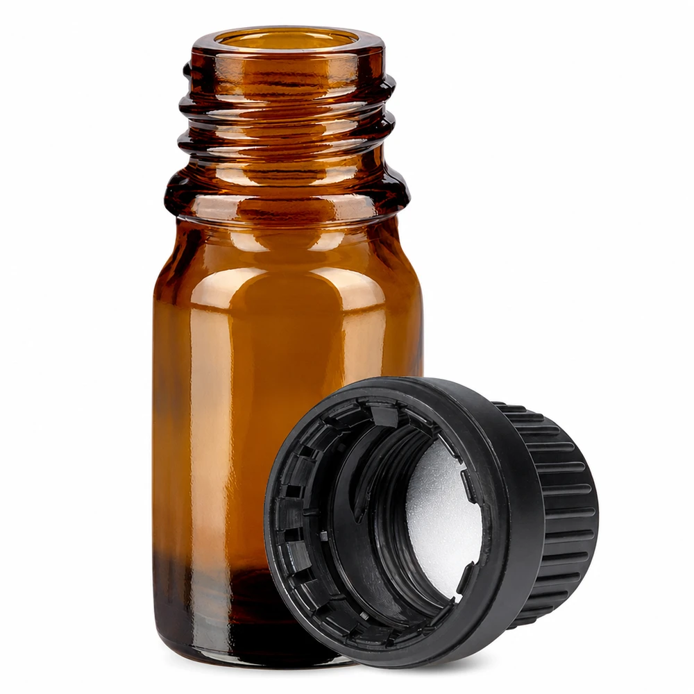 Pequeño frasco de farmacia de 5 ml de vidrio ámbar con tapón a prueba de niños para medicamentos