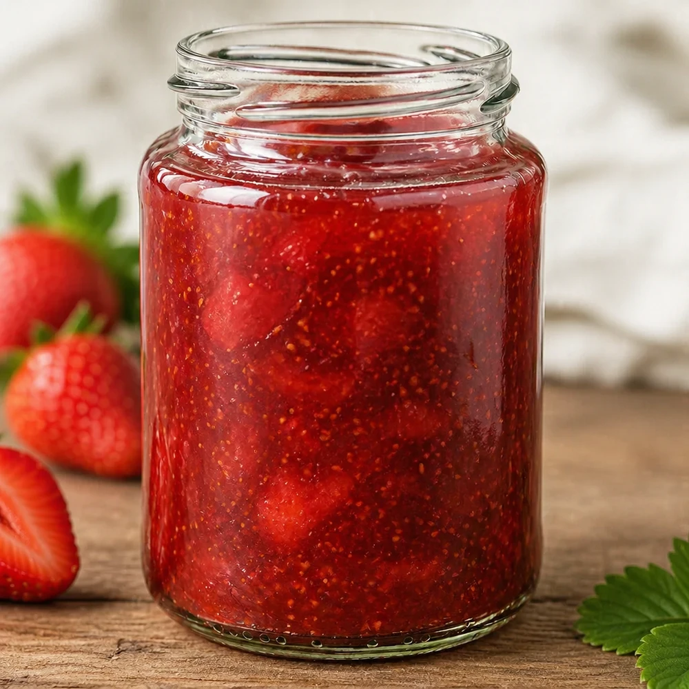 Vaso redondo de 382ml TO66 relleno de mermelada de fresa roja junto a fresas frescas sobre mesa de madera
