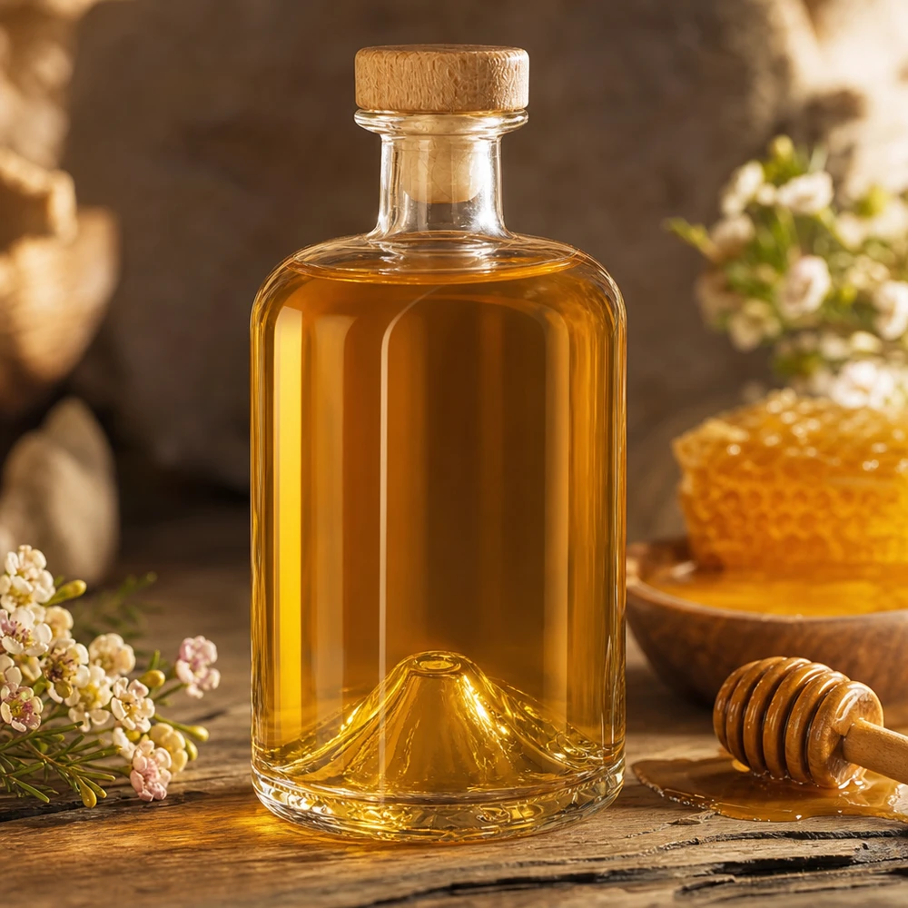 Botella de farmacia de 500 ml «Sofia» con tapón de corcho con asa de madera UNiTWIST® 500ml Glasflasche Sofia mit Honig befüllt neben Bienenwabe und Honiglöffel auf rustikalem Holz mit Blütendeko