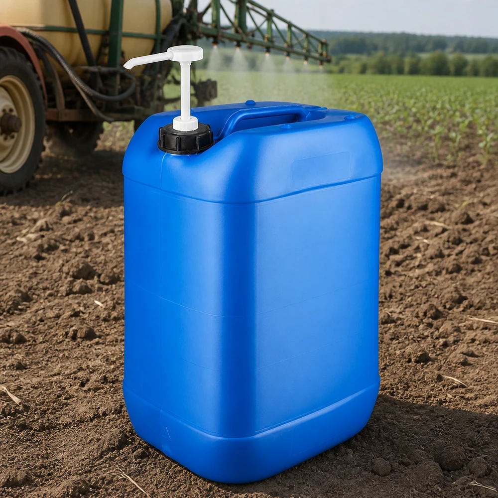 Bidón de campo azul de 25 litros con bomba dosificadora sobre el suelo de un campo, delante de un pulverizador agrícola en funcionamiento