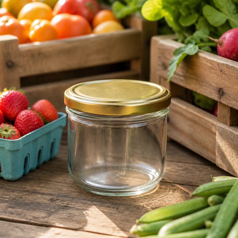 Los vasos BasicSeal oro UNiTWIST de 260 ml entre frutas y verduras frescas demuestran su idoneidad para los tarros de conserva