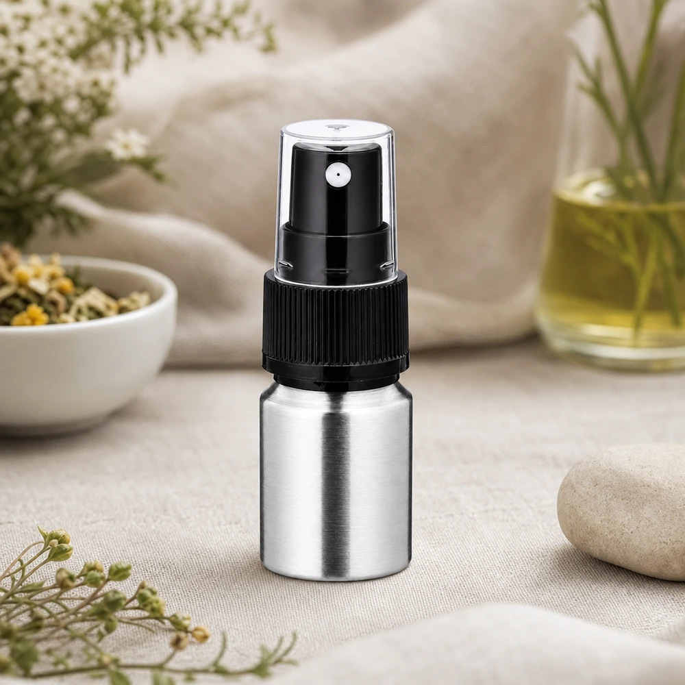 Botella de aluminio pulido de 10 ml con atomizador Robusto frasco de aluminio de 10 ml con atomizador: resistente envase metálico para una protección duradera