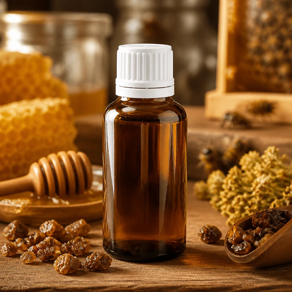 Frasco de vidrio ámbar de 30 ml de alta calidad con tapón de rosca blanco para extractos naturales de miel y propóleo