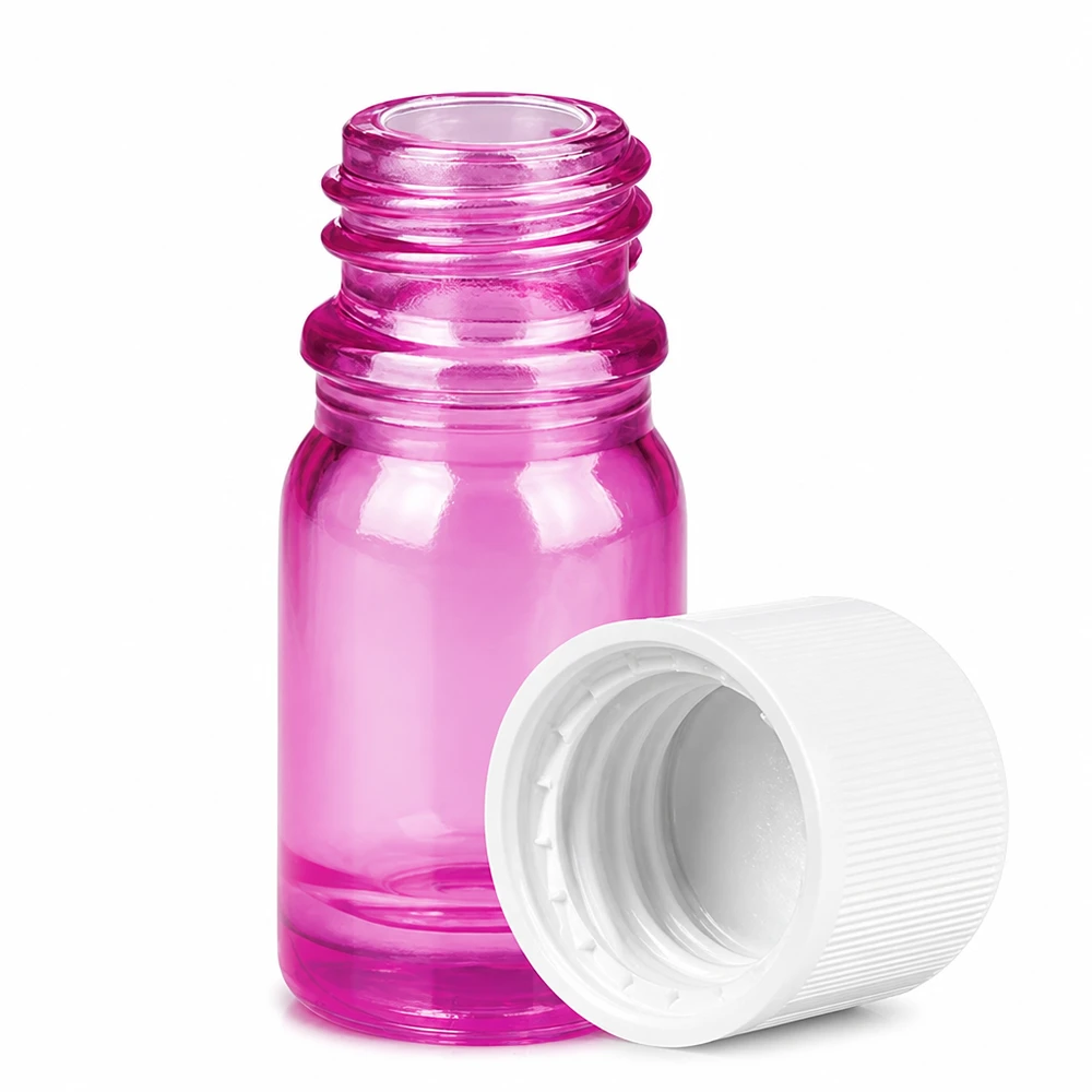 Frasco pequeño de vidrio violeta de 5 ml con rosca y tapón blanco para aceites esenciales