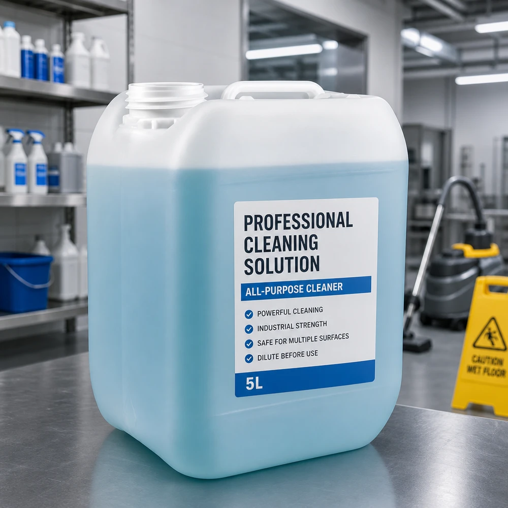 Bidón azul de 5 litros sin tapón con solución de limpieza profesional sobre una mesa de acero inoxidable