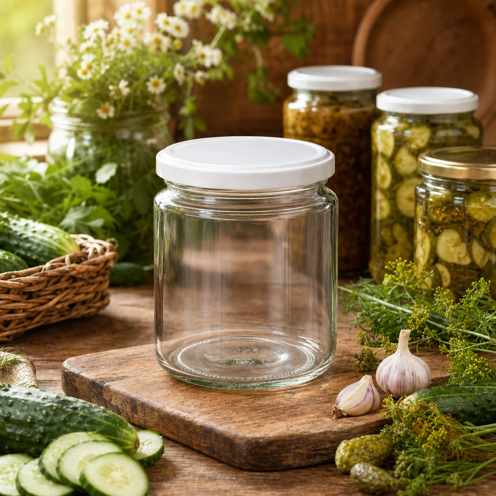 Tarro de miel de 250 ml vacío con tapa blanca BasicSeal en una cocina rústica de conservas entre pepinos, ajo y eneldo