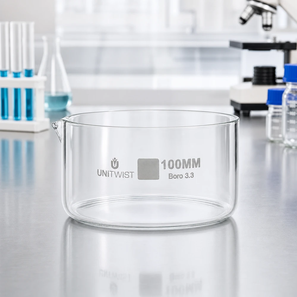 Cristalizador ø100mm vidrio borosilicato UNiTWIST Bandeja de cristalización UNiTWIST de 100 mm de vidrio borosilicato en el laboratorio, con microscopio y tubos de ensayo
