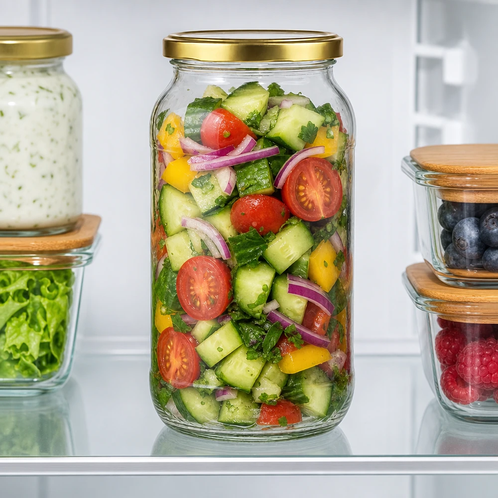 Tarro redondo de 1062 ml con tapa dorada BasicSeal lleno de ensalada de verduras frescas para guardar en el frigorífico