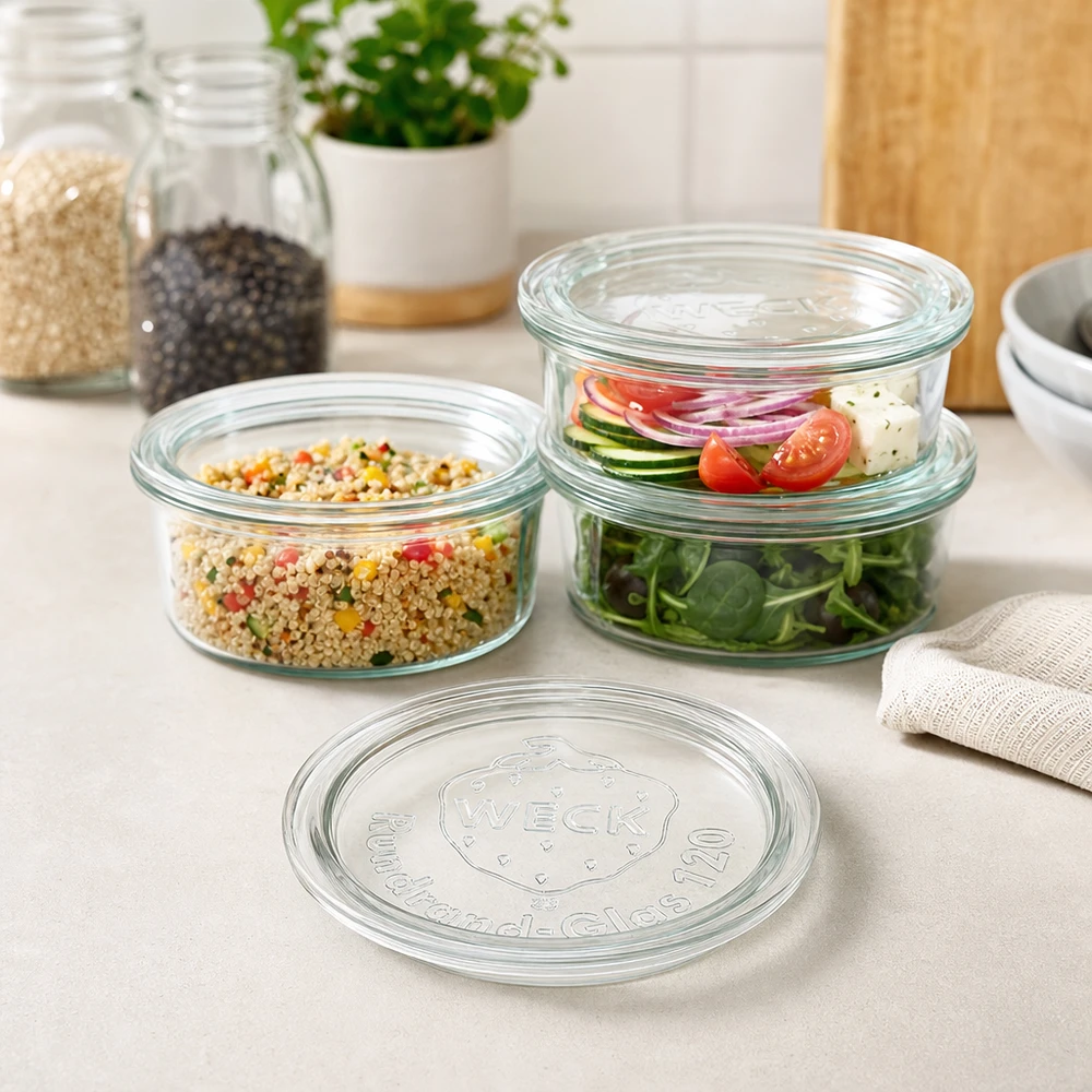 Tapa de cristal WECK RR120 WECK Glasdeckel RR120 in moderner Küche mit gefüllten Vorratsgläsern für Salat Quinoa und frische Zutaten