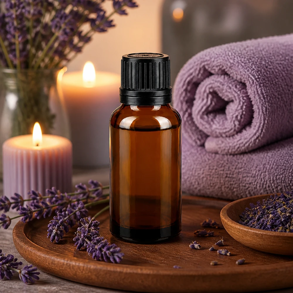 Botella de farmacia marrón 20ml tapón cuentagotas anillo vertedor 1mm tapón inviolable negro Frasco de vidrio ámbar de 20 ml con tapón OV negro, rodeado de flores de lavanda y velas