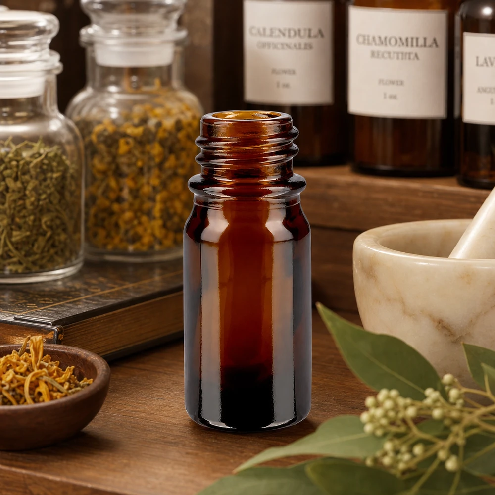 Frasco cuentagotas 5 ml DIN 18 de vidrio ámbar Frasco de farmacia ApoGlas marrón de 5 ml con frascos de hierbas y mortero para remedios naturales y tinturas