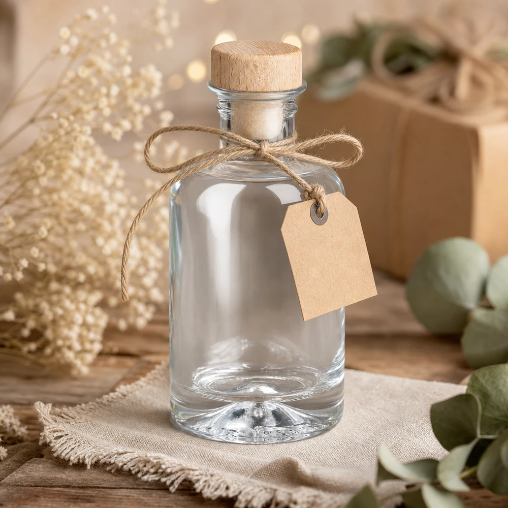 Botella de farmacia de 100 ml «Sofia» con tapón de corcho con asa de madera UNiTWIST® Botella de cristal de 100 ml Sofía con corcho de madera vacía de regalo con etiqueta de papel kraft y cinta de yute decoración rústica