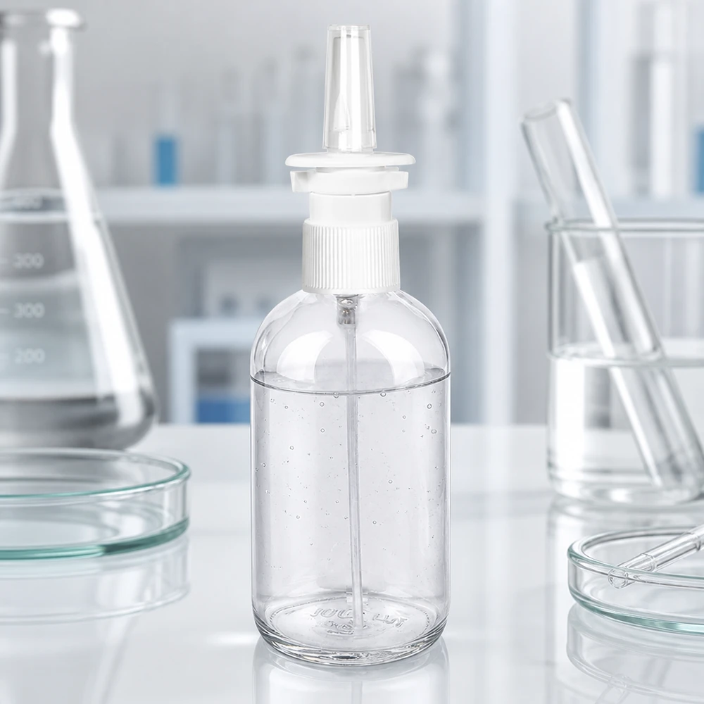 Frasco spray nasal 100ml blanco/transparente cierre estándar ClearLine UT18/100 Frasco de spray nasal ClearLine de 100 ml en el laboratorio, con matraces Erlenmeyer y placas de Petri