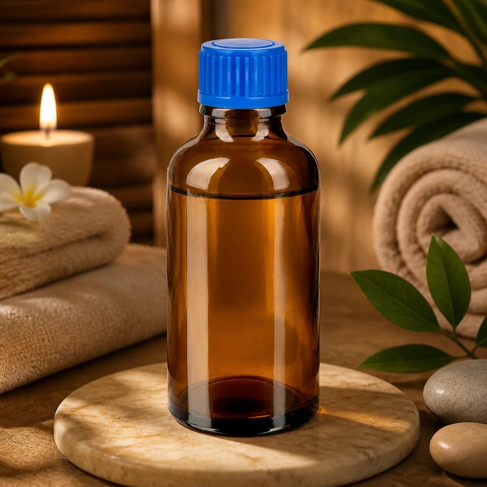 Pequeño frasco cuentagotas de 50 ml de vidrio ámbar con protección UV y práctico tapón azul