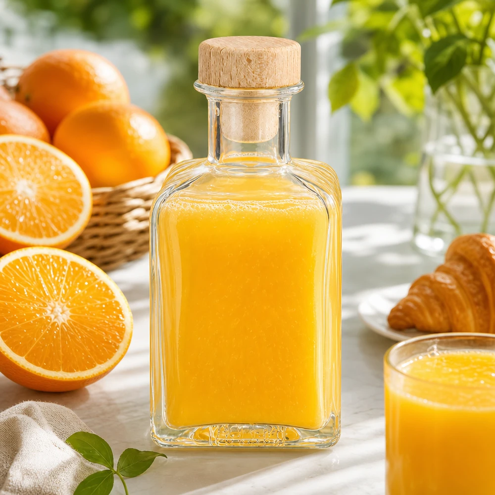 Botella de cristal de 200ml Clara llena de zumo de naranja corcho de madera decoración cocina naranjas frescas desayuno estilismo