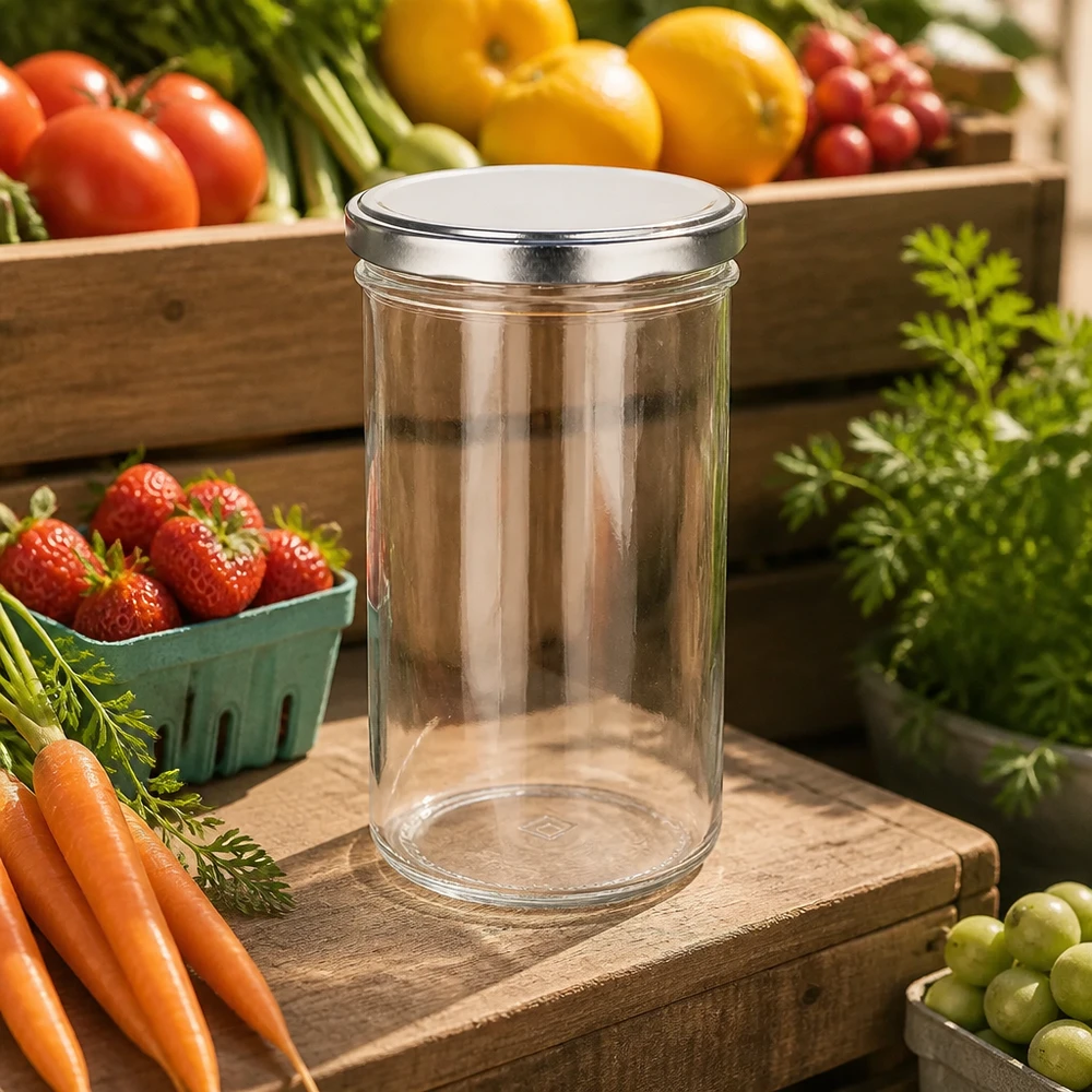 Vasos de 277 ml con tapa BasicSeal plata entre frutas y verduras frescas ambiente natural de la cocina
