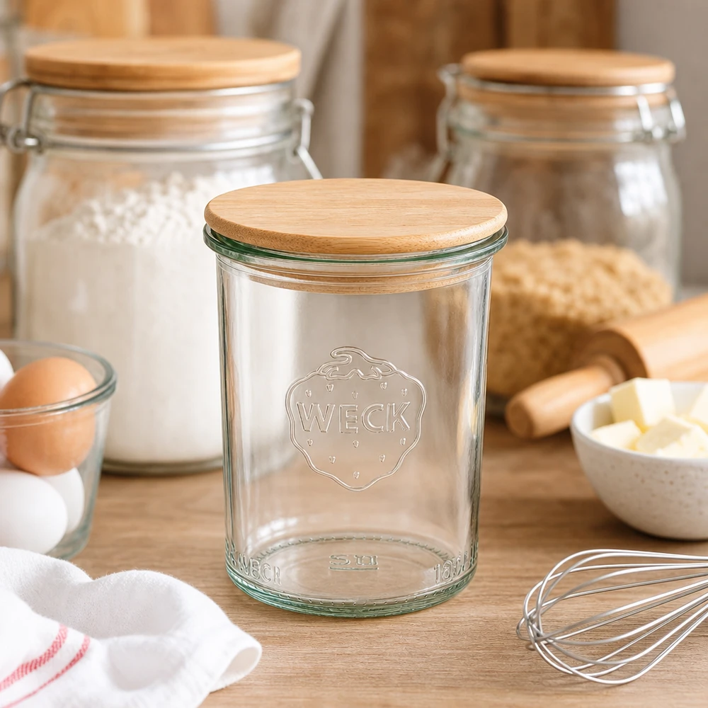 Vasos WECK RR60 de 160 ml con tapa de madera WECK 160ml RR60 mason jar con tapa de madera en una cocina rústica entre ingredientes para hornear y utensilios de cocina