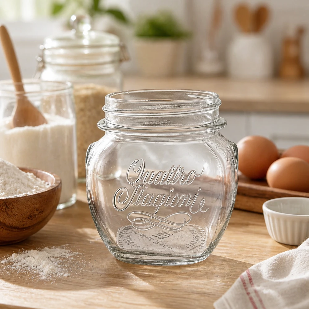 Vaso doméstico Quattro Stagioni de 300 ml sobre una tabla de madera en una cocina rústica con ingredientes para hornear y huevos