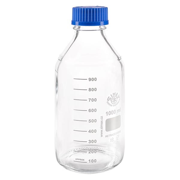 Frasco roscado de laboratorio 1000ml con tapón, borosilicato Frasco roscado de laboratorio 1000ml con tapón, borosilicato