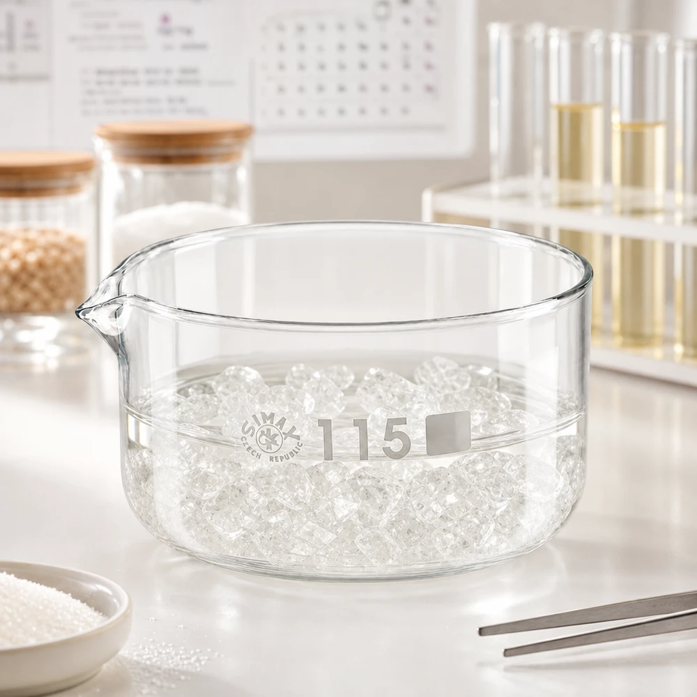Cubeta de cristalización de 500 ml con pico de borosilicato ø115mm Recipiente de cristalización SIMAX de 500 ml, relleno de perlas de vidrio transparentes, para uso en laboratorio, de vidrio borosilicato