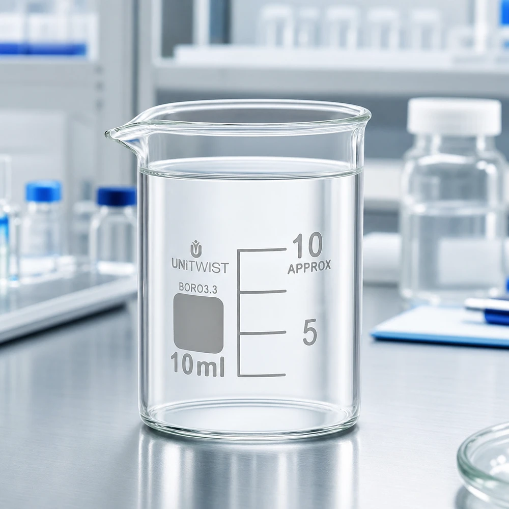 Vaso 10ml borosilicato, molde bajo UNiTWIST Vaso de precipitados UNiTWIST de 10 ml, de forma baja, con pico vertedor y escala graduada sobre superficie de acero inoxidable, para laboratorio