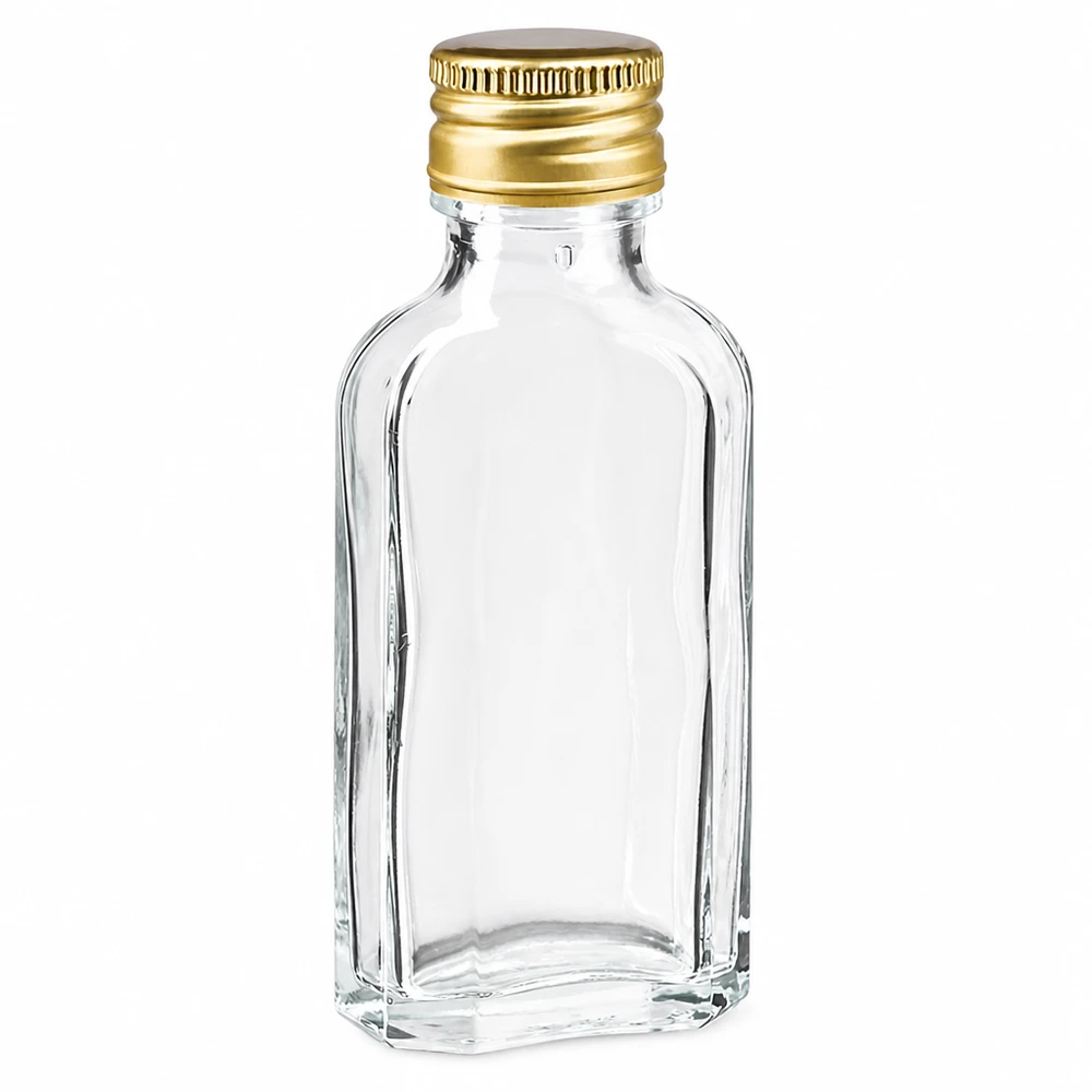 Botella Meplat transparente de 50 ml con tapón de aluminio dorado PP22 para bebidas espirituosas y licores