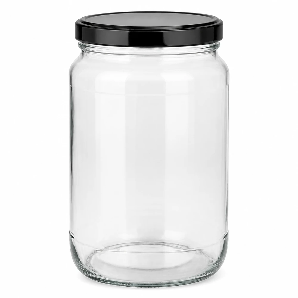 Tarro redondo de 1700ml con tapa BasicSeal negra UNiTWIST Tarro redondo de 1700 ml con tapa negra BasicSeal Tarro de cristal con certificado de la ONU Tarro de conserva Tarro de almacenaje