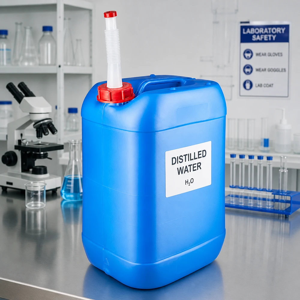 Bidón de laboratorio azul de 25 litros con tubo de salida flexible para agua destilada en uso
