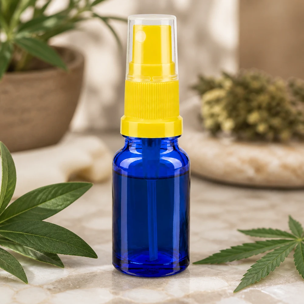 Frasco pulverizador de 10 ml con tapón estándar amarillo/transparente BlueLine UT18/10 Botella de vidrio azul de alta calidad de 10 ml con cabezal pulverizador amarillo para cosméticos y productos naturales BlueLine UT18 10
