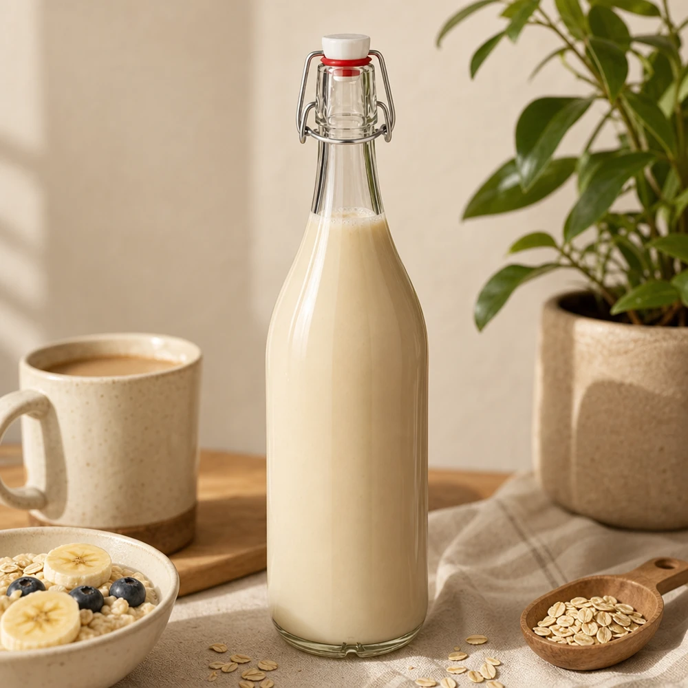 Botella de cristal de 1000 ml con tapón oscilante llena de leche de avena sobre una mesa de madera junto a una taza de café y copos de avena