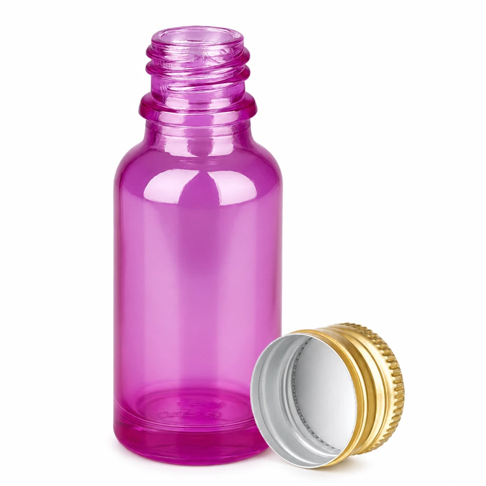 20ml botella 11mm tapón de rosca aluminio oro estándar PurpleLine. UT18/20 Frasco de vidrio morado de 20 ml con tapón de rosca de aluminio dorado para aceites esenciales