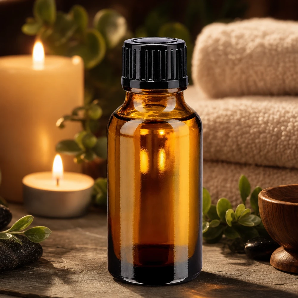 Frasco de farmacia marrón de 20 ml con tapón cuentagotas negro de 11 mm, en un ambiente de spa con velas