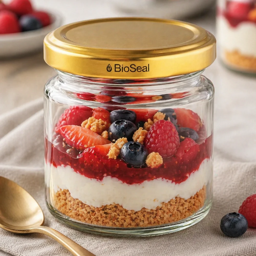 Tarro redondo de 53ml con tapa dorada UNiTWIST BioSeal UNiTWIST Runda53 con tapa dorada TO43 BioSeal como tarro de postre para postre de yogur de bayas con base de galleta