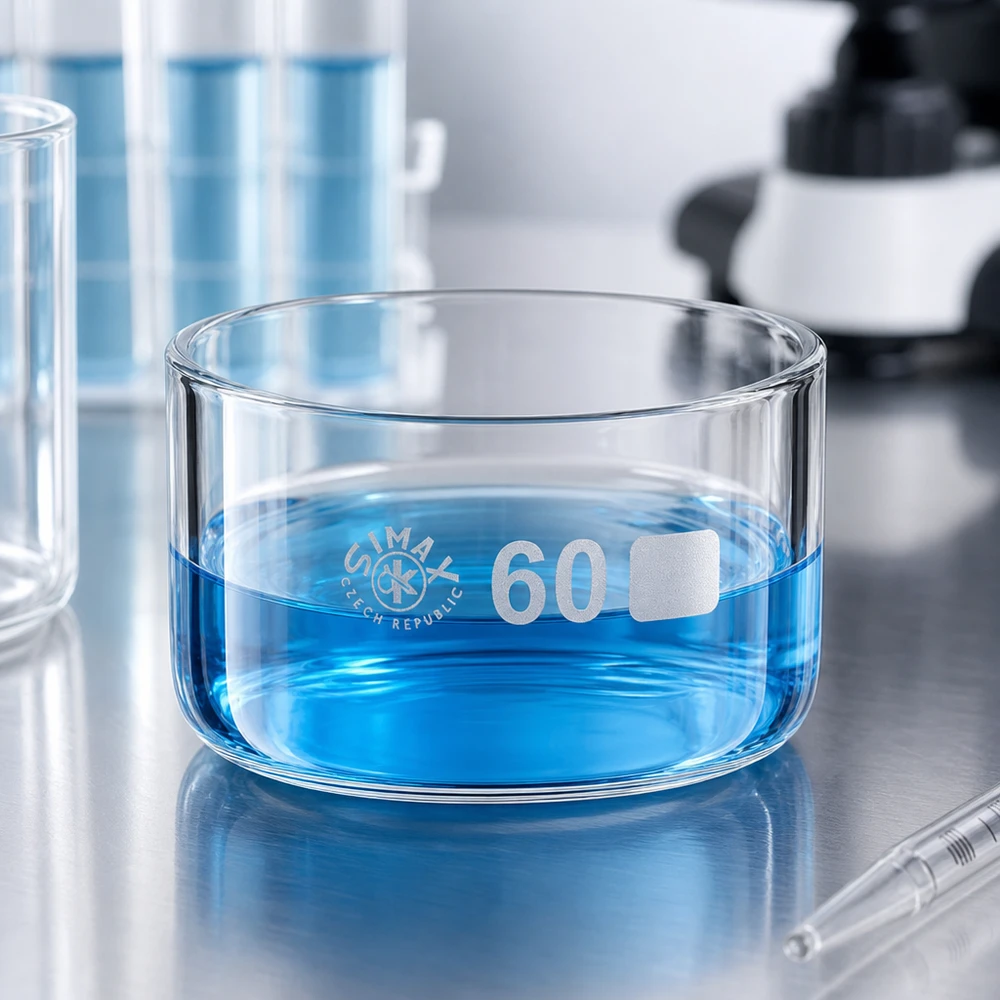 Cubeta de cristalización de 60 ml de vidrio borosilicato con una solución azul sobre una superficie de acero inoxidable en el laboratorio