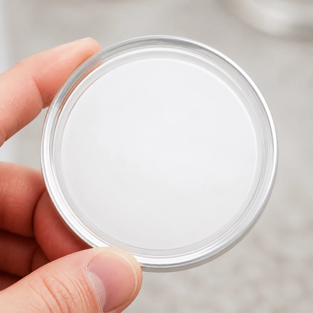 Primer plano de la tapa BasicSeal de 58 mm, blanca, modelo TO58 UniTwist, con borde plateado y superficie lisa