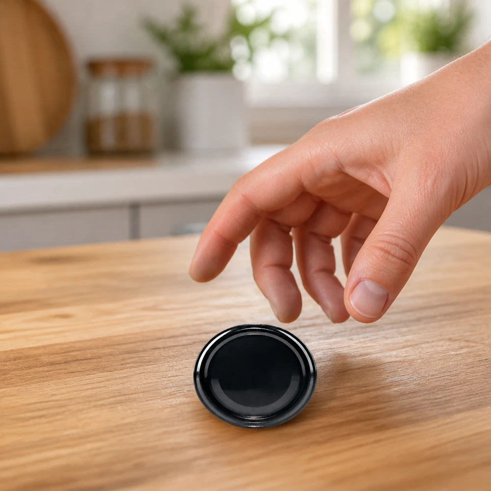 Una mano coge una tapa roscada negra TO82 UNiTWIST BioSeal sobre una mesa de madera en la cocina